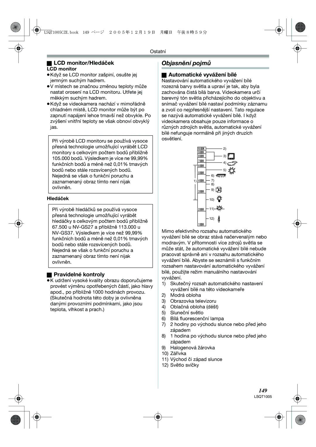 Panasonic NV-GS37EP Objasnění pojmů, LCD monitor/Hledáček, Pravidelné kontroly, Automatické vyvážení bílé, 149 