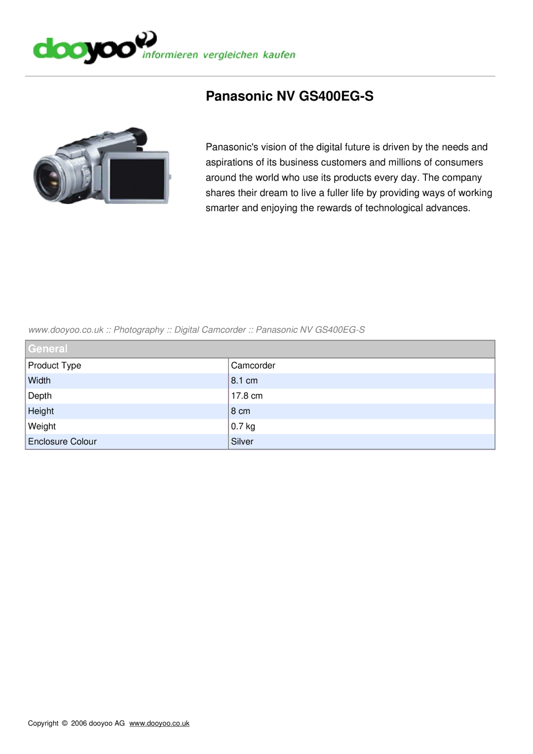 Panasonic manual Panasonic NV GS400EG-S, General 