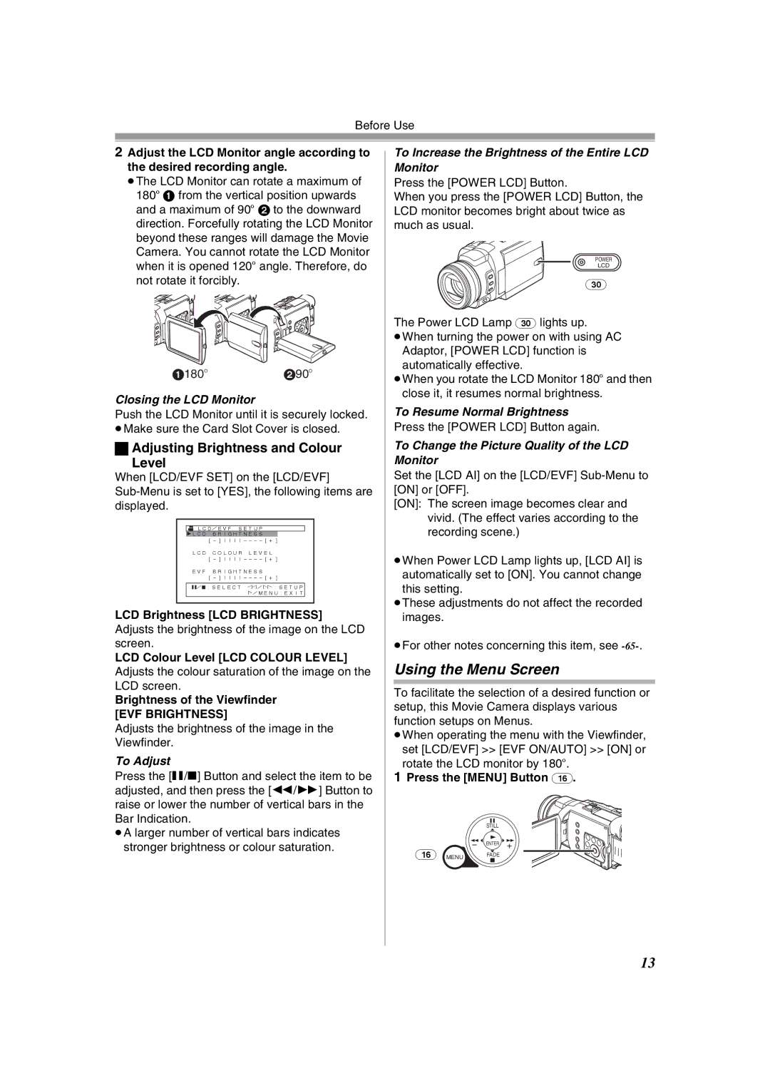 Panasonic NV-GS400GN operating instructions Using the Menu Screen, Adjusting Brightness and Colour Level 