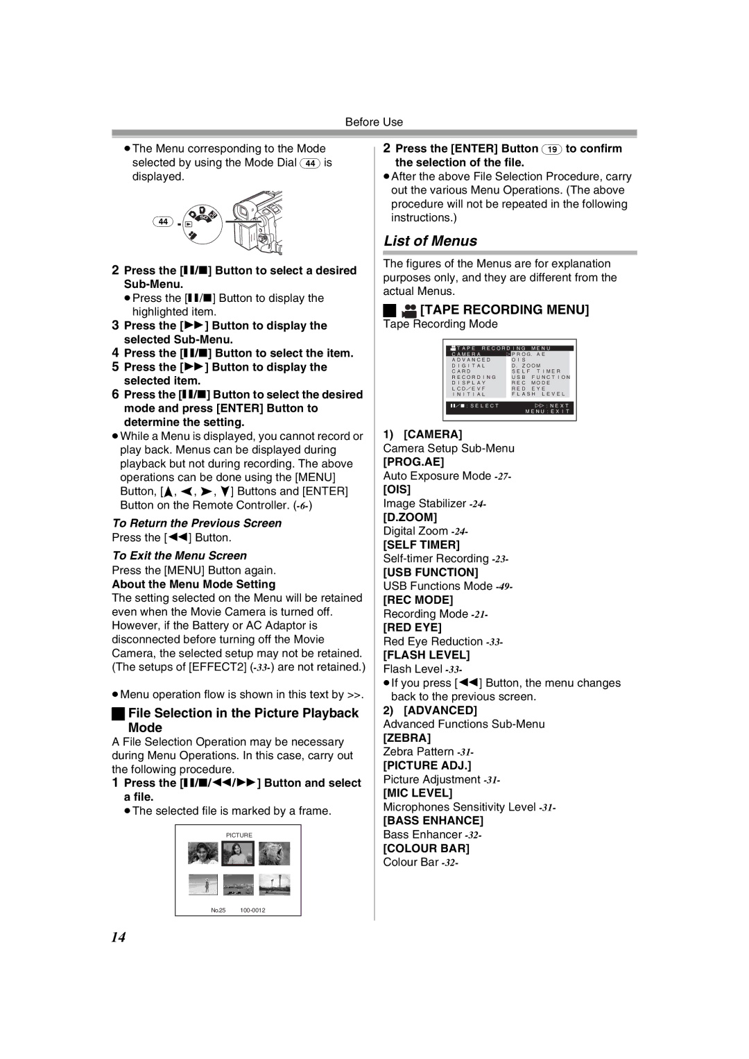 Panasonic NV-GS400GN operating instructions List of Menus, File Selection in the Picture Playback Mode, Tape Recording Menu 