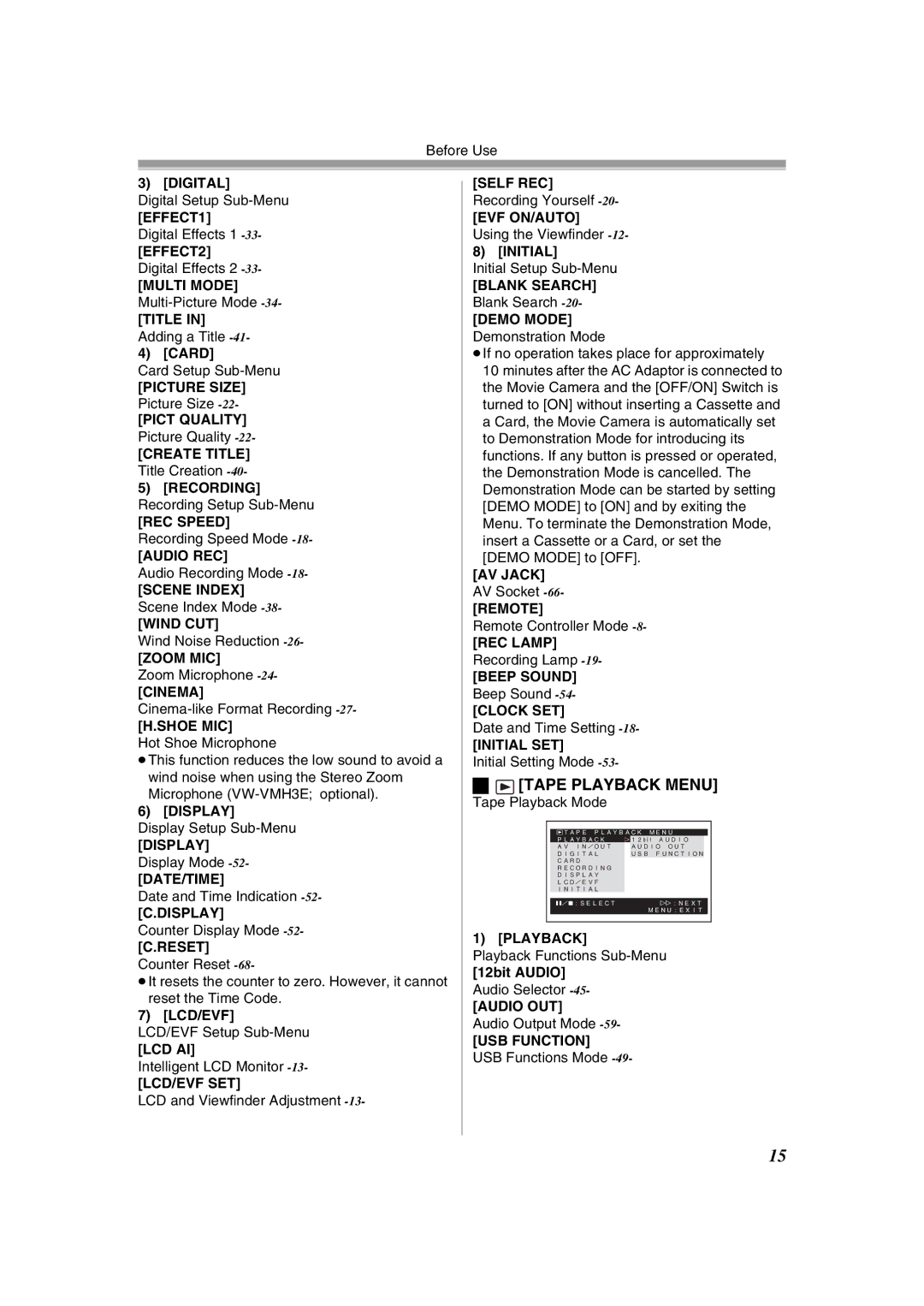 Panasonic NV-GS400GN operating instructions Tape Playback Menu 