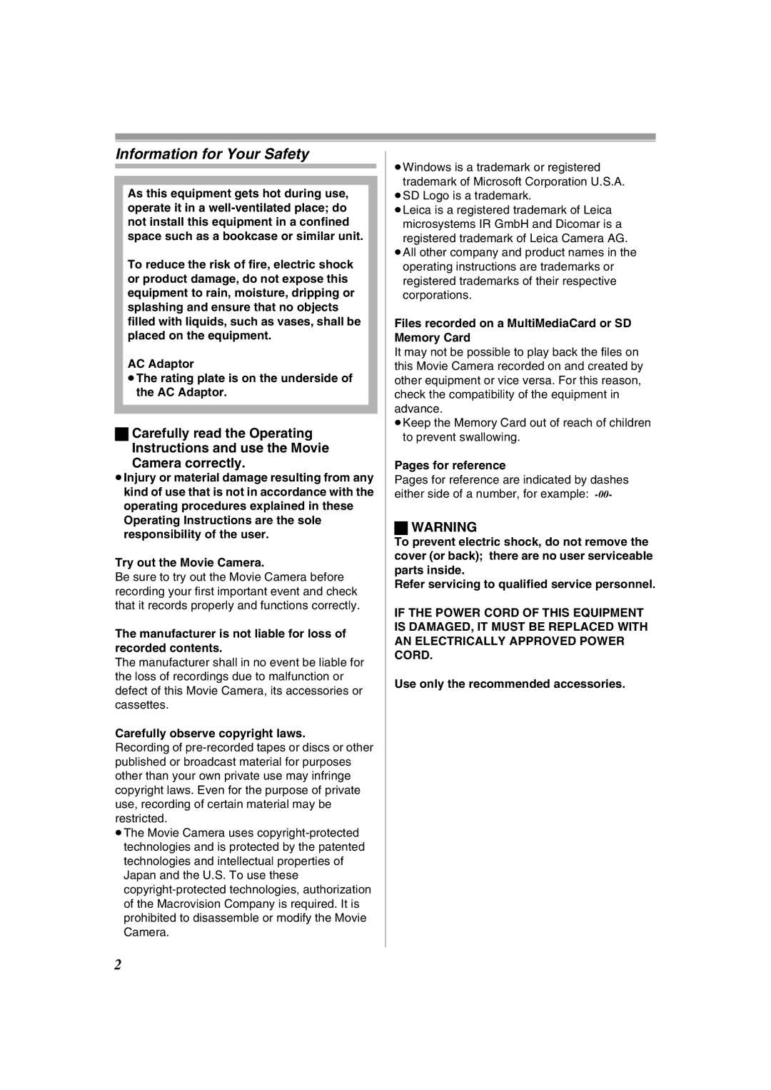 Panasonic NV-GS400GN operating instructions Information for Your Safety 