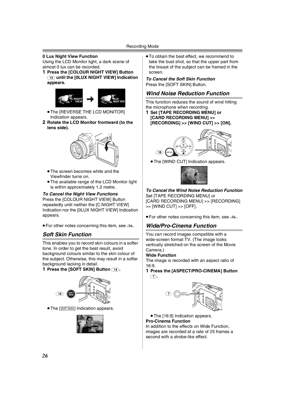 Panasonic NV-GS400GN operating instructions Soft Skin Function, Wind Noise Reduction Function, Wide/Pro-Cinema Function 