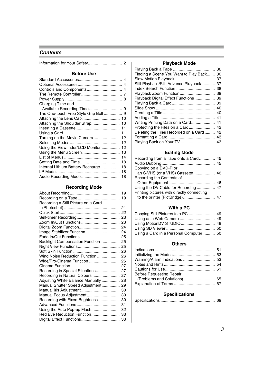 Panasonic NV-GS400GN operating instructions Contents 