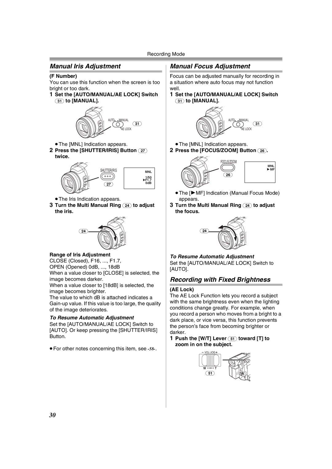 Panasonic NV-GS400GN Manual Iris Adjustment, Manual Focus Adjustment, Recording with Fixed Brightness 