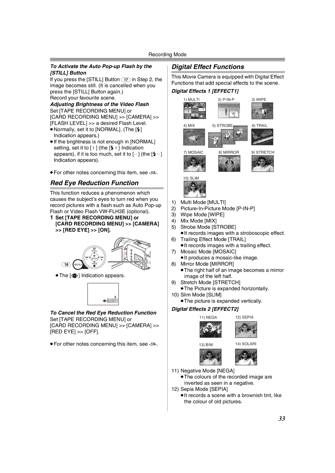 Panasonic NV-GS400GN operating instructions Digital Effect Functions, Red Eye Reduction Function 