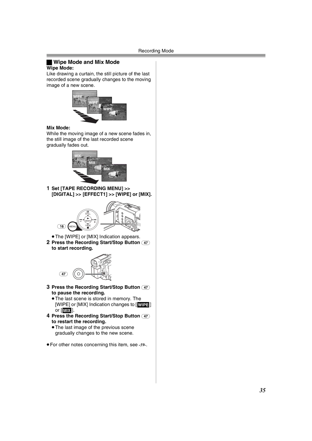 Panasonic NV-GS400GN operating instructions Wipe Mode and Mix Mode, Set Tape Recording Menu Digital EFFECT1 Wipe or MIX 