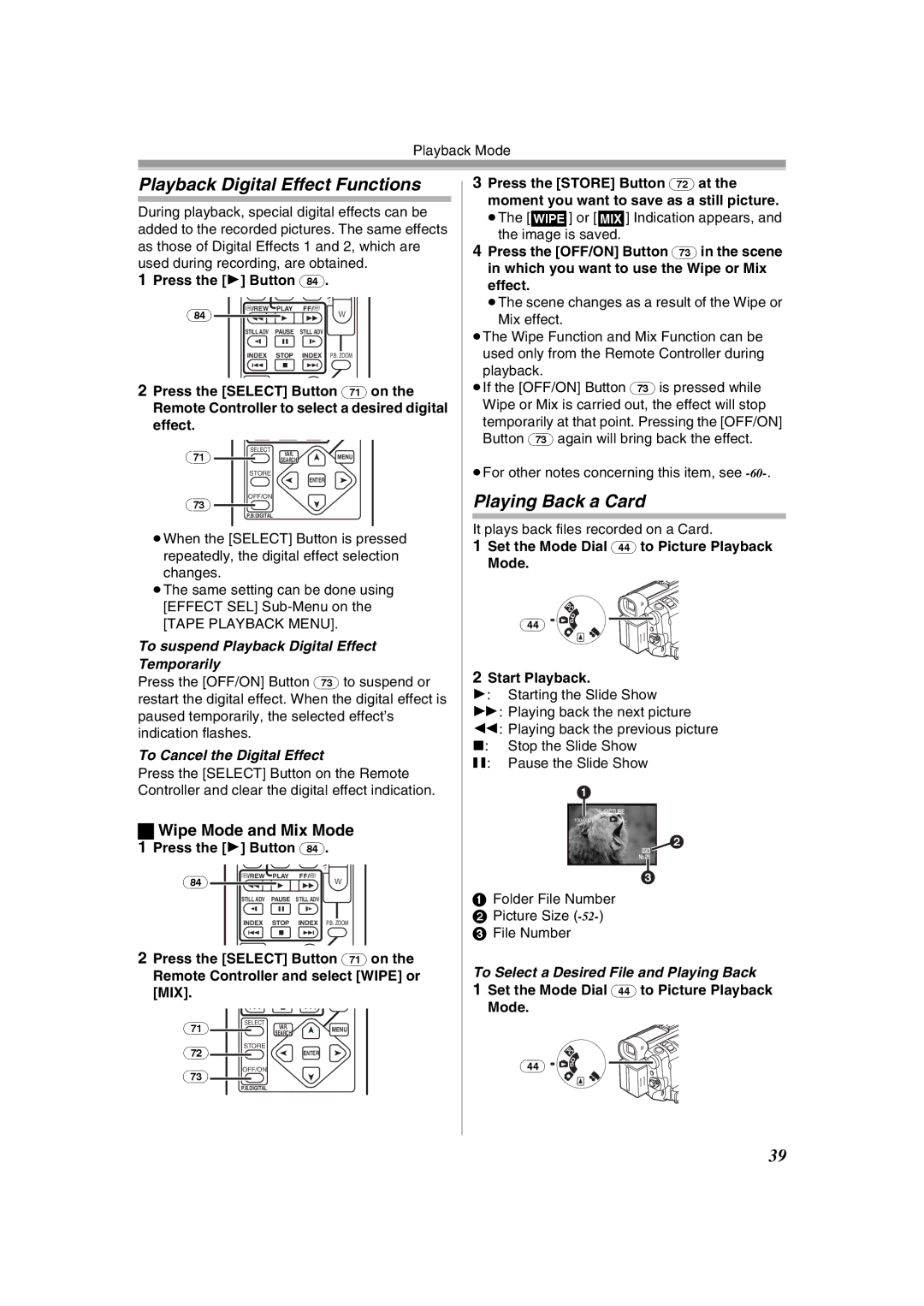 Panasonic NV-GS400GN Playback Digital Effect Functions, Playing Back a Card, To Select a Desired File and Playing Back 