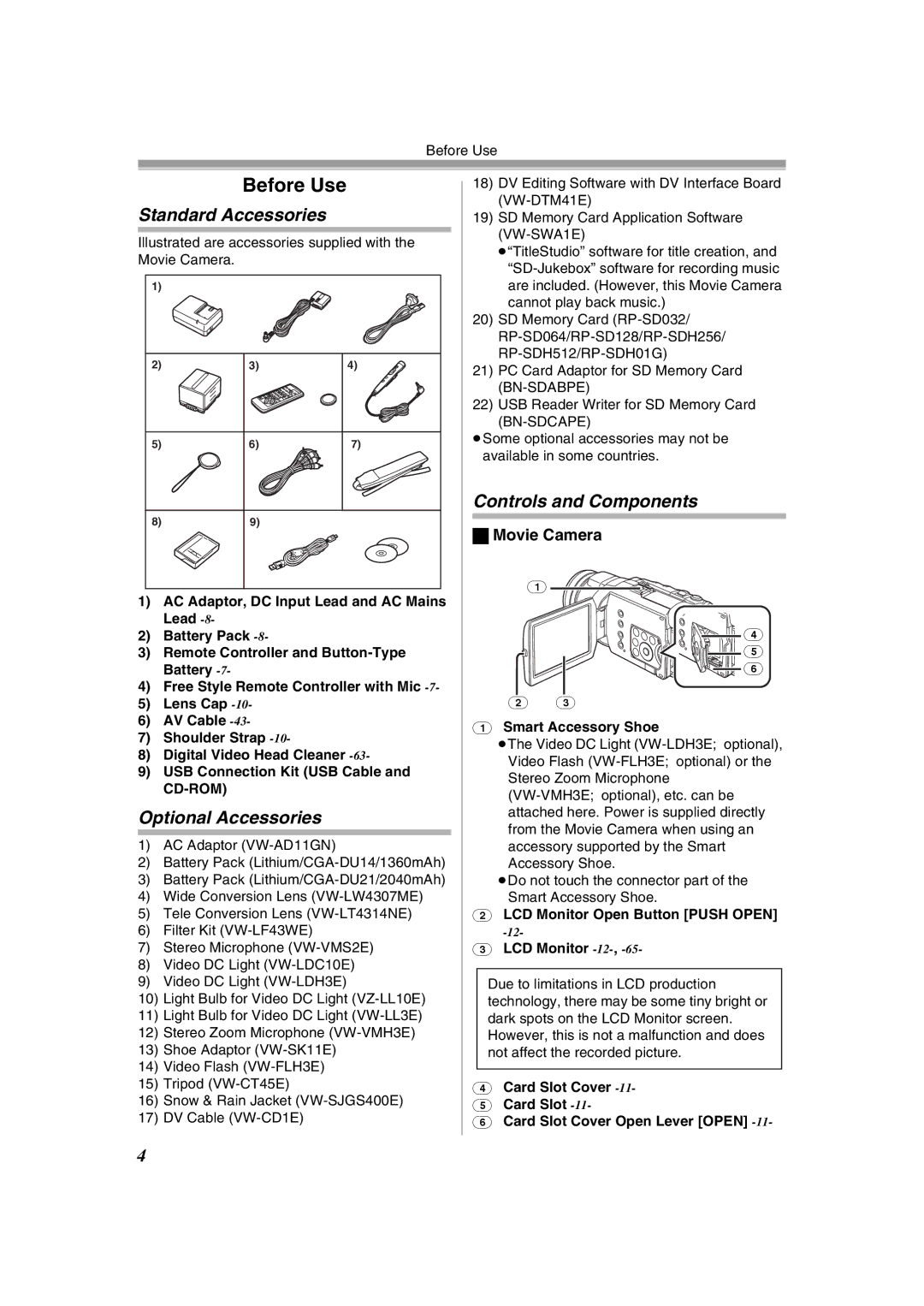 Panasonic NV-GS400GN Standard Accessories, Optional Accessories, Controls and Components, Movie Camera 