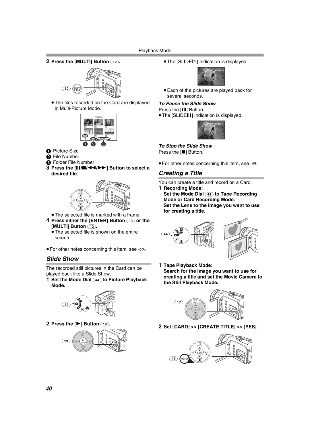 Panasonic NV-GS400GN operating instructions Creating a Title, To Pause the Slide Show, To Stop the Slide Show 