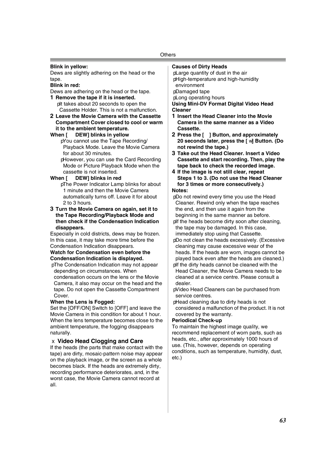 Panasonic NV-GS400GN operating instructions Video Head Clogging and Care 