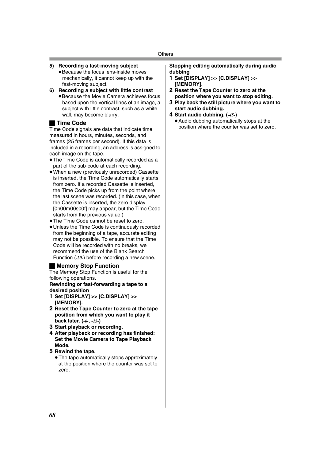 Panasonic NV-GS400GN operating instructions Time Code, Memory Stop Function, Recording a fast-moving subject 