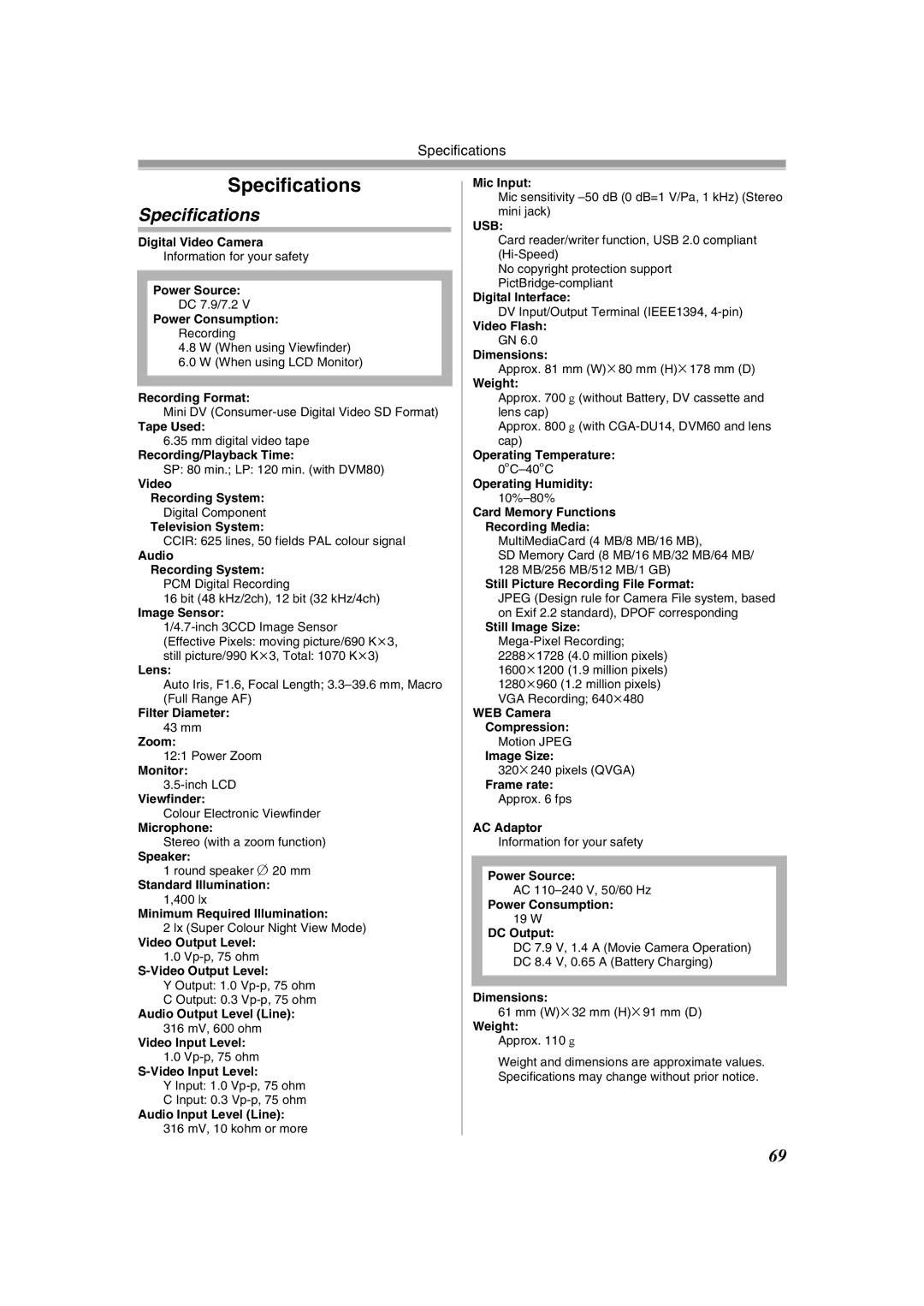 Panasonic NV-GS400GN operating instructions Specifications 