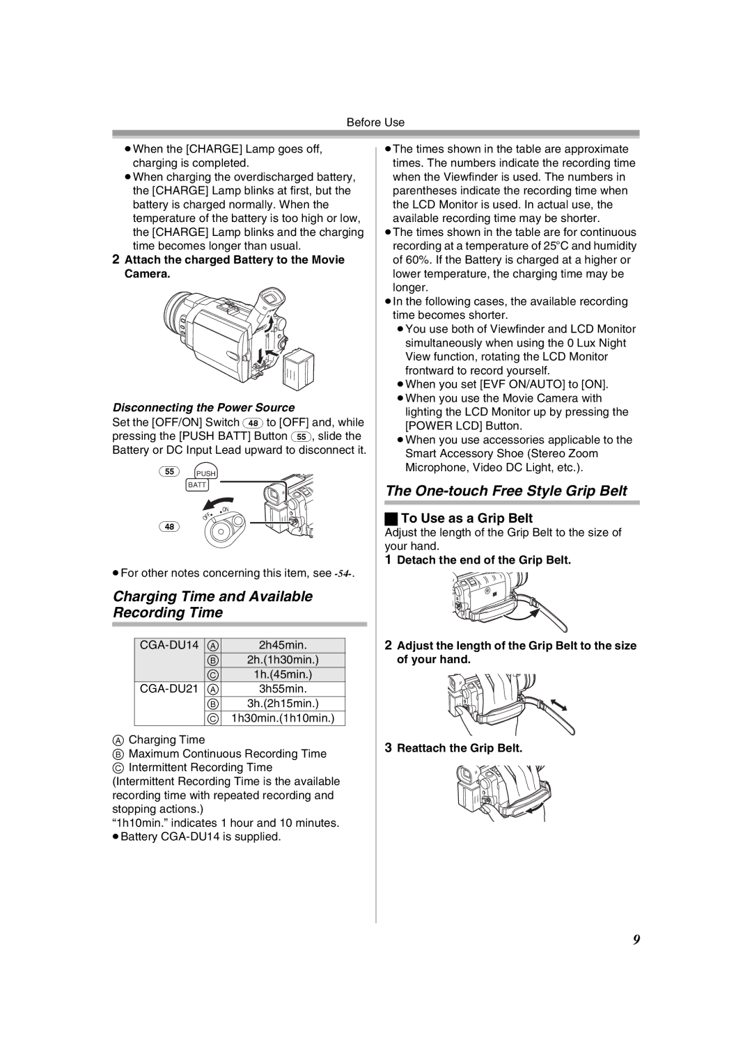 Panasonic NV-GS400GN Charging Time and Available Recording Time, One-touch Free Style Grip Belt, To Use as a Grip Belt 