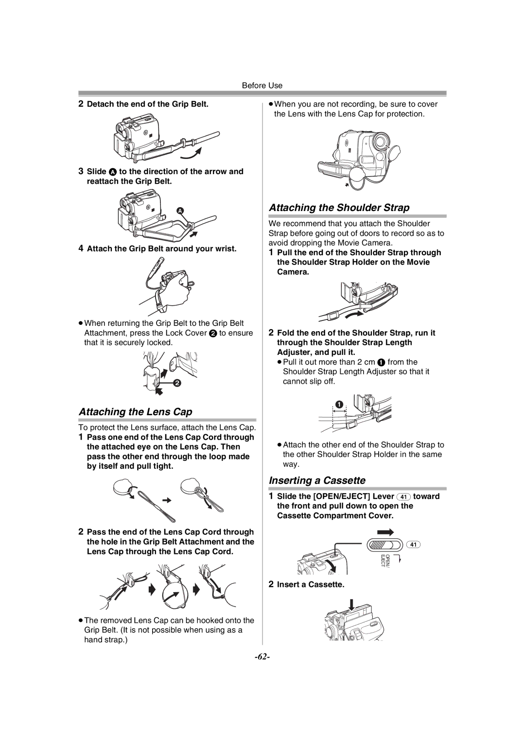 Panasonic NV-GS55GC Attaching the Lens Cap, Attaching the Shoulder Strap, Inserting a Cassette, Insert a Cassette 