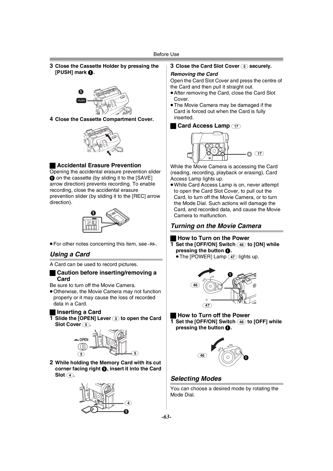 Panasonic NV-GS55GC operating instructions Using a Card, Turning on the Movie Camera, Selecting Modes 