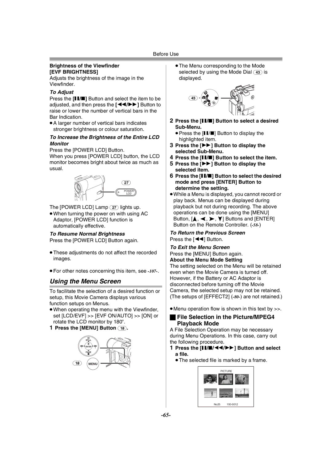 Panasonic NV-GS55GC operating instructions Using the Menu Screen, File Selection in the Picture/MPEG4 Playback Mode 