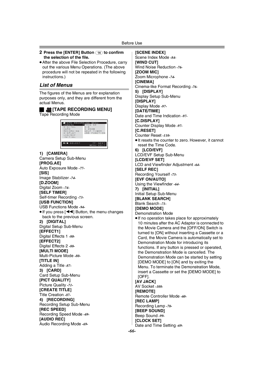 Panasonic NV-GS55GC List of Menus, Tape Recording Menu, Card, Recording Recording Setup Sub-Menu, Lcd/Evf 