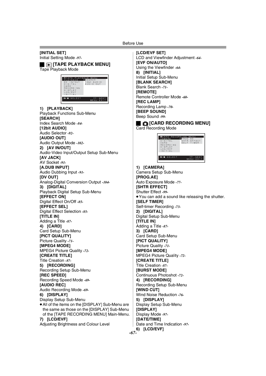 Panasonic NV-GS55GC Tape Playback Menu, Card Recording Menu, 12bit Audio, Av In/Out, Display Display Mode -97-DATE/TIME 