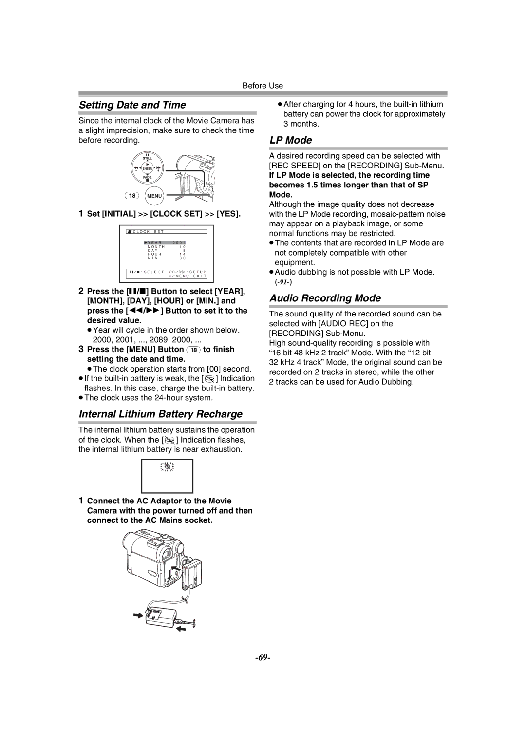 Panasonic NV-GS55GC Setting Date and Time, Internal Lithium Battery Recharge, LP Mode, Audio Recording Mode 