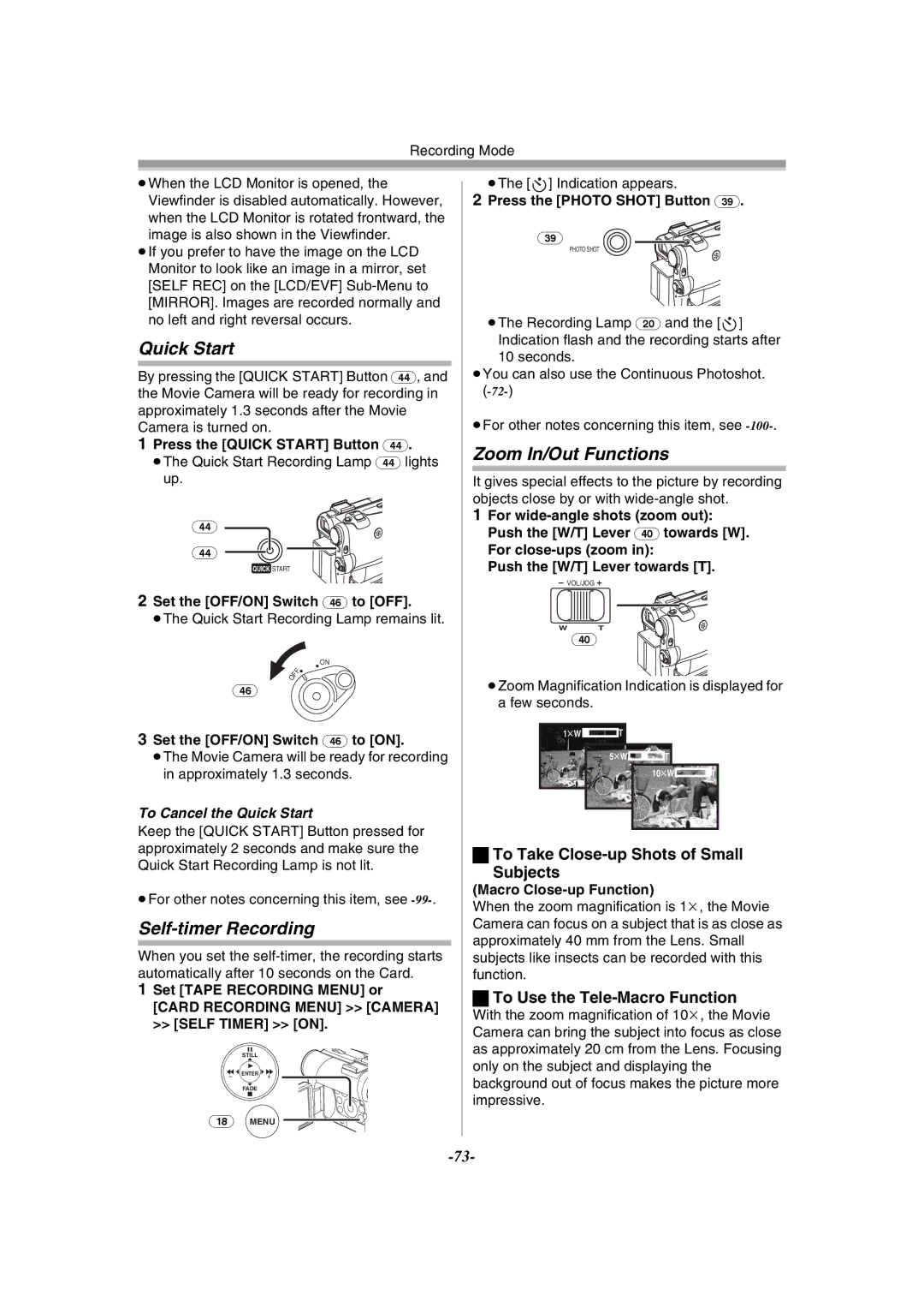 Panasonic NV-GS55GC Quick Start, Self-timer Recording, Zoom In/Out Functions, To Take Close-up Shots of Small Subjects 