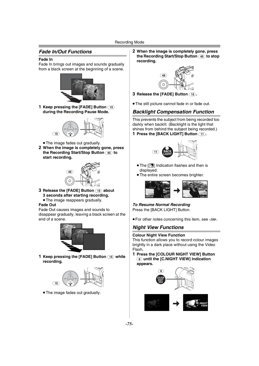 Panasonic NV-GS55GC operating instructions Fade In/Out Functions, Backlight Compensation Function, Night View Functions 