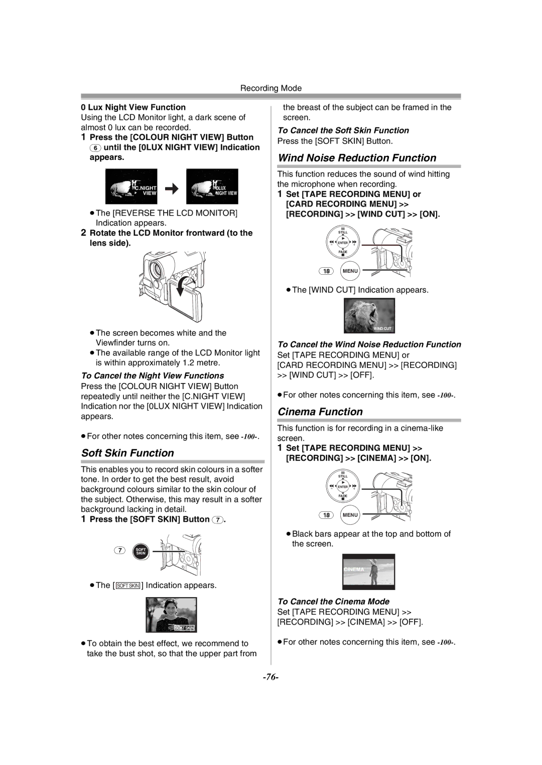 Panasonic NV-GS55GC operating instructions Soft Skin Function, Wind Noise Reduction Function, Cinema Function 