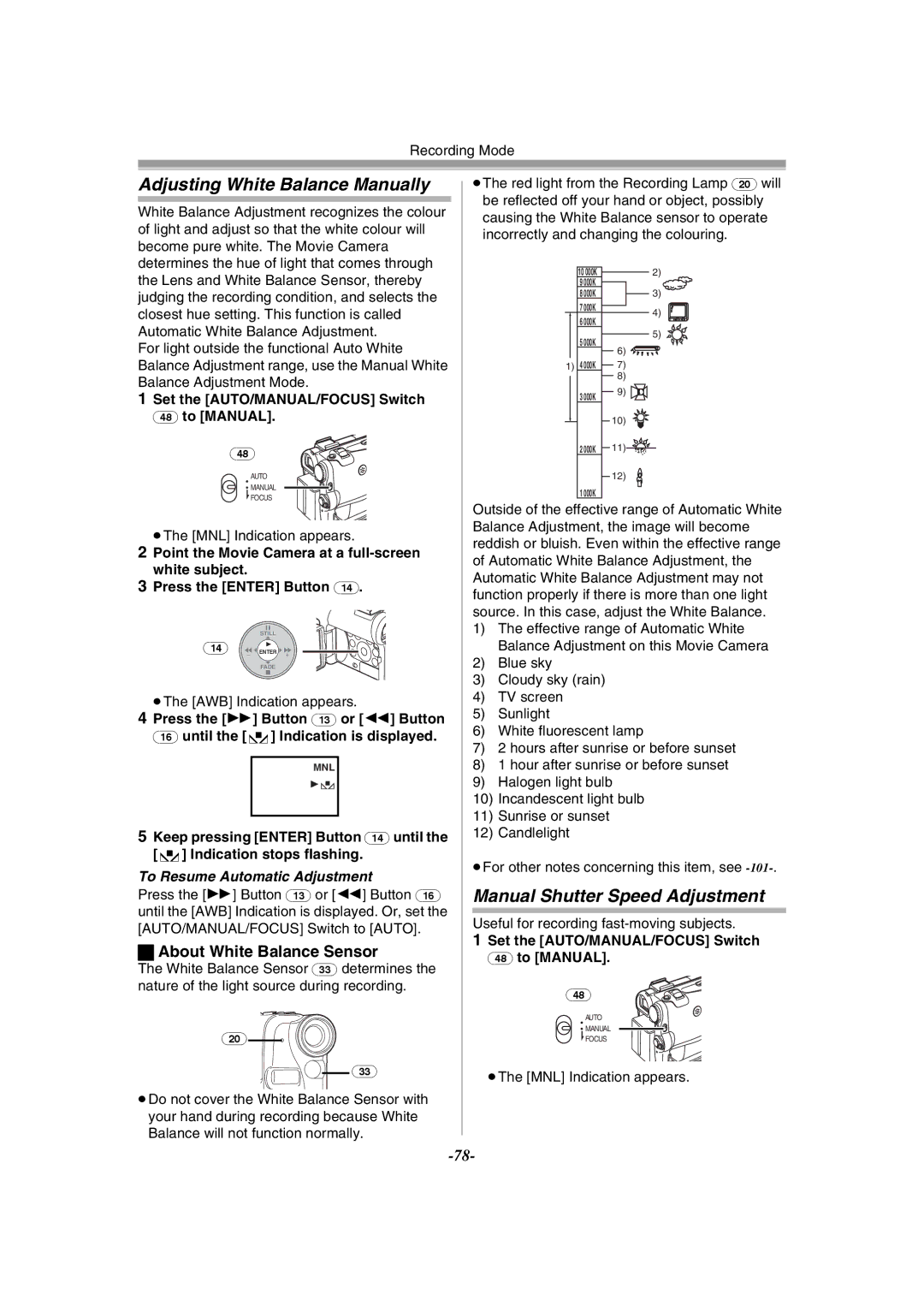 Panasonic NV-GS55GC Adjusting White Balance Manually, Manual Shutter Speed Adjustment, About White Balance Sensor 