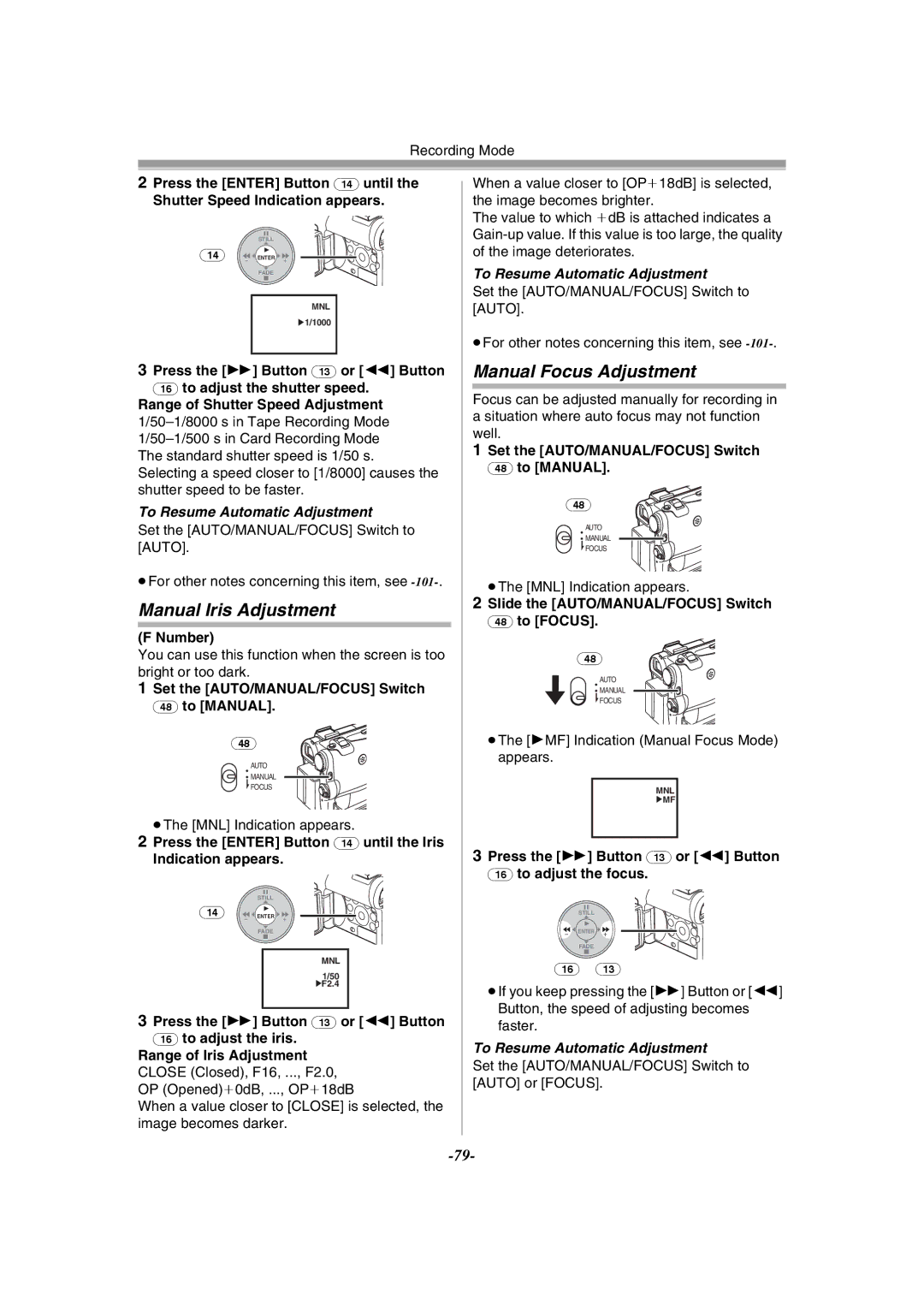 Panasonic NV-GS55GC operating instructions Manual Iris Adjustment, Manual Focus Adjustment 