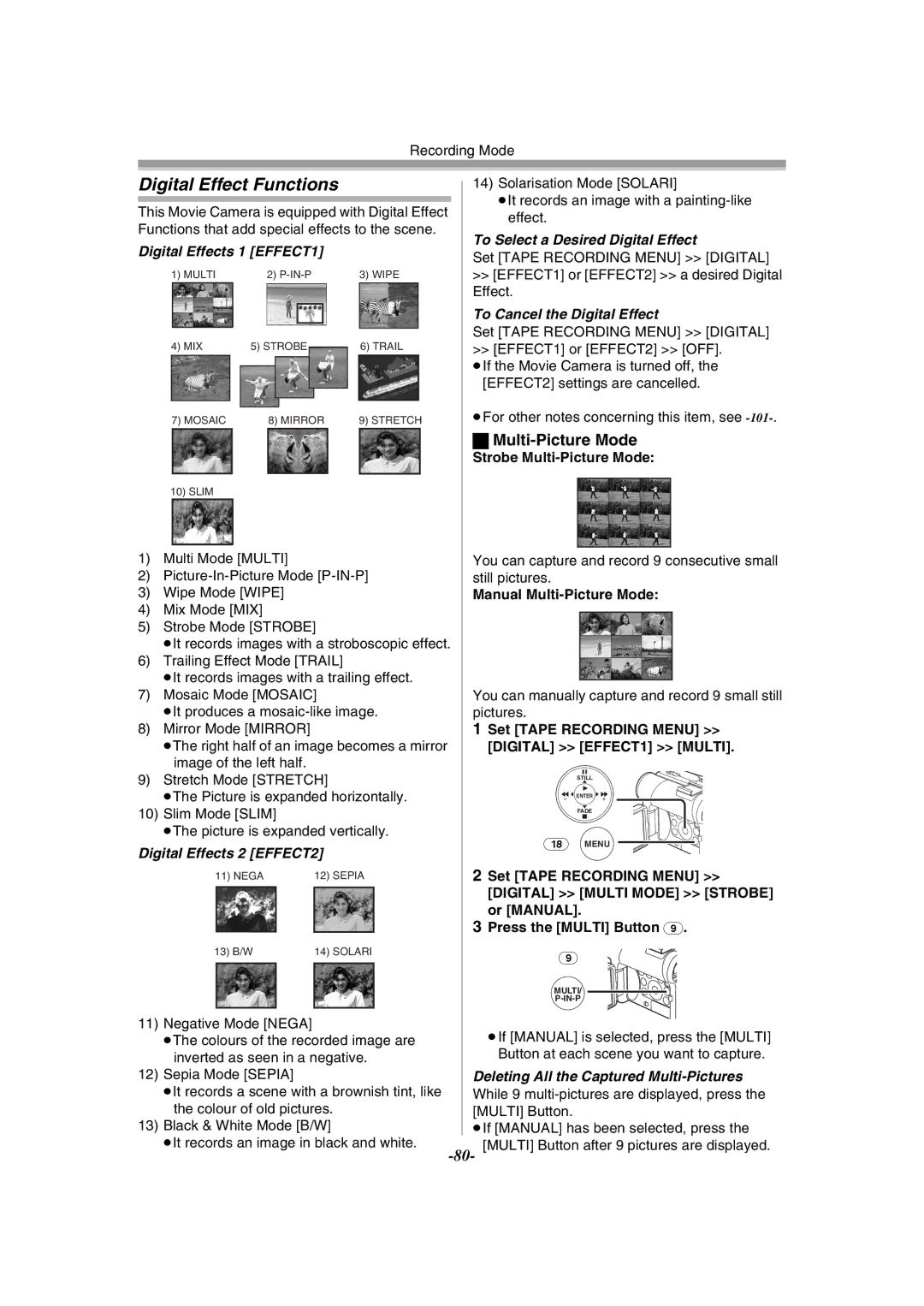 Panasonic NV-GS55GC operating instructions Digital Effect Functions, Multi-Picture Mode 