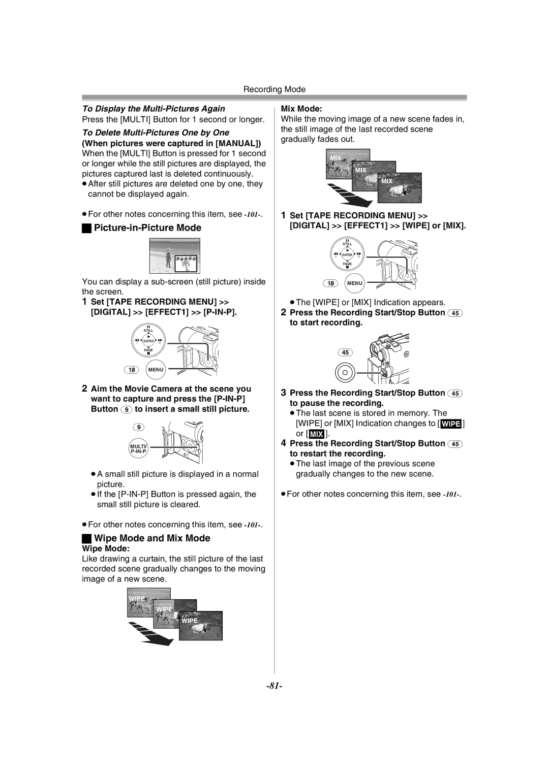 Panasonic NV-GS55GC Picture-in-Picture Mode, Wipe Mode and Mix Mode, To Display the Multi-Pictures Again 