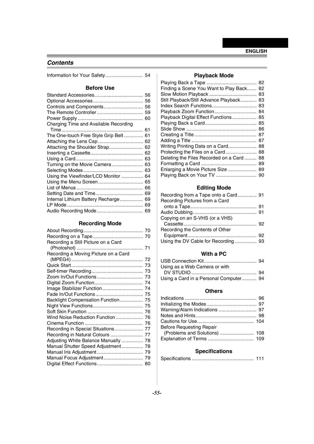 Panasonic NV-GS55GC operating instructions Contents 