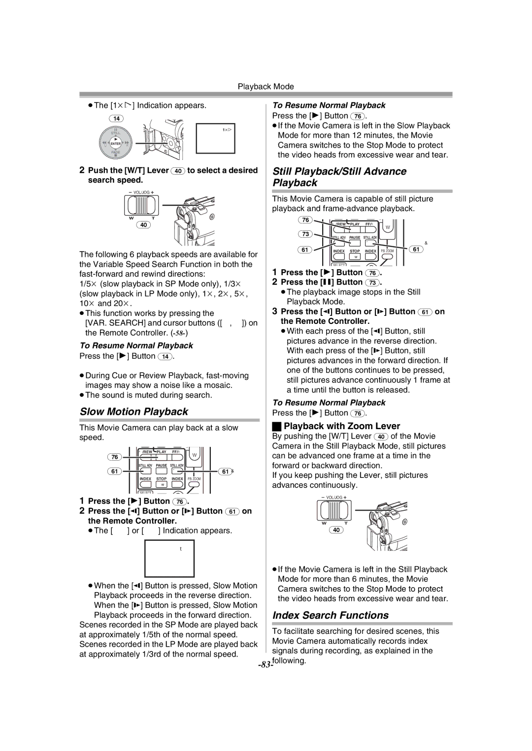 Panasonic NV-GS55GC Slow Motion Playback, Still Playback/Still Advance, Index Search Functions, Playback with Zoom Lever 