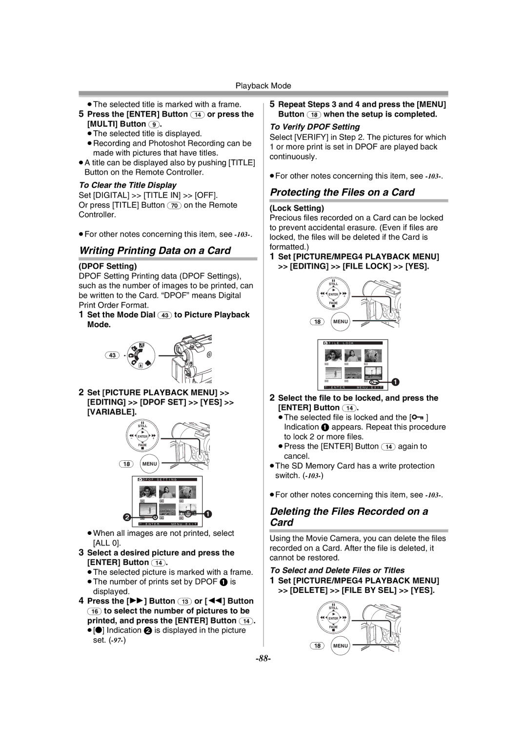 Panasonic NV-GS55GC Writing Printing Data on a Card, Protecting the Files on a Card, Deleting the Files Recorded on a Card 