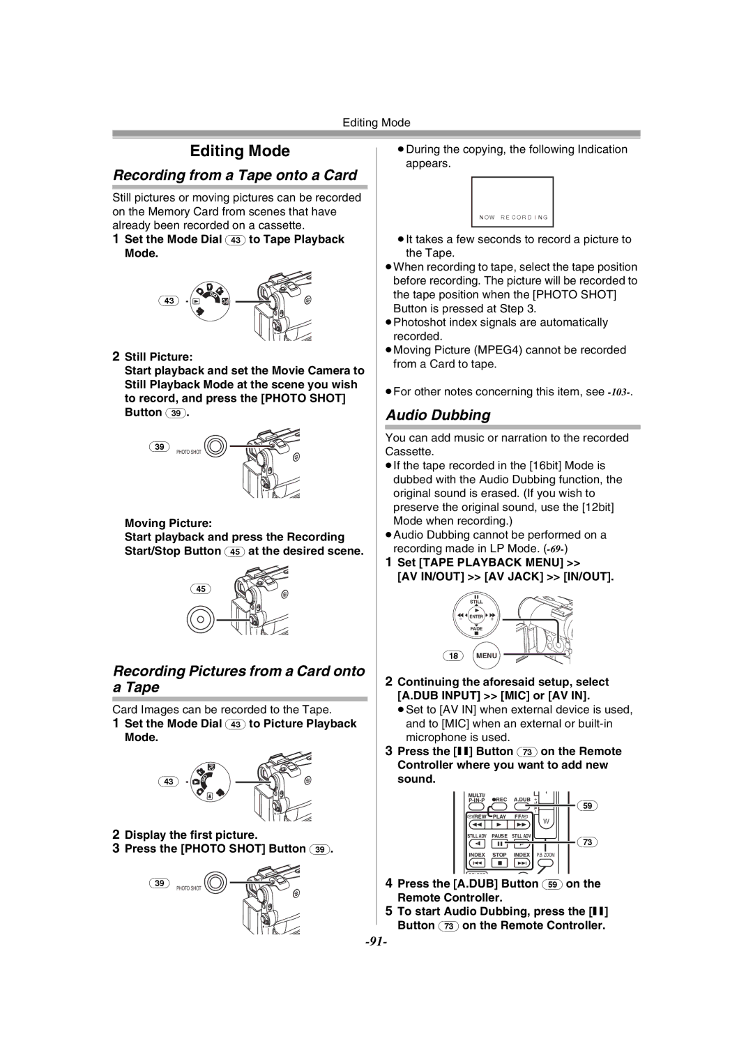 Panasonic NV-GS55GC Recording from a Tape onto a Card, Recording Pictures from a Card onto a Tape, Audio Dubbing 