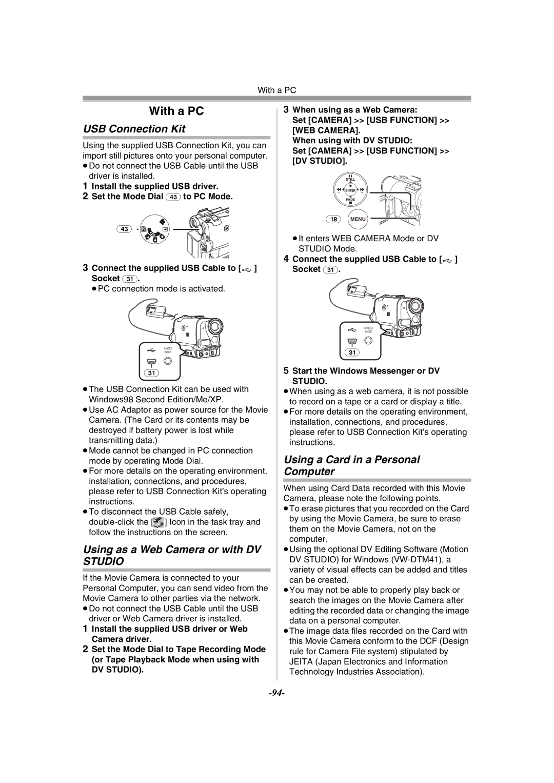 Panasonic NV-GS55GC USB Connection Kit, Using as a Web Camera or with DV Studio, Using a Card in a Personal Computer 