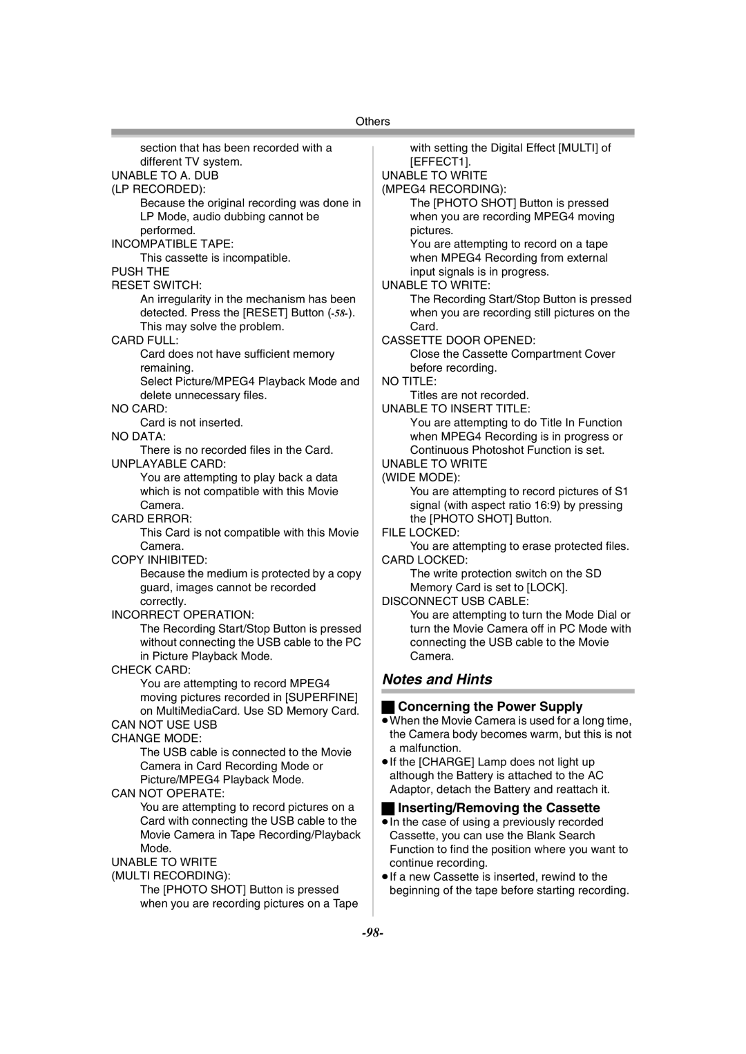 Panasonic NV-GS55GC operating instructions Concerning the Power Supply, Inserting/Removing the Cassette 