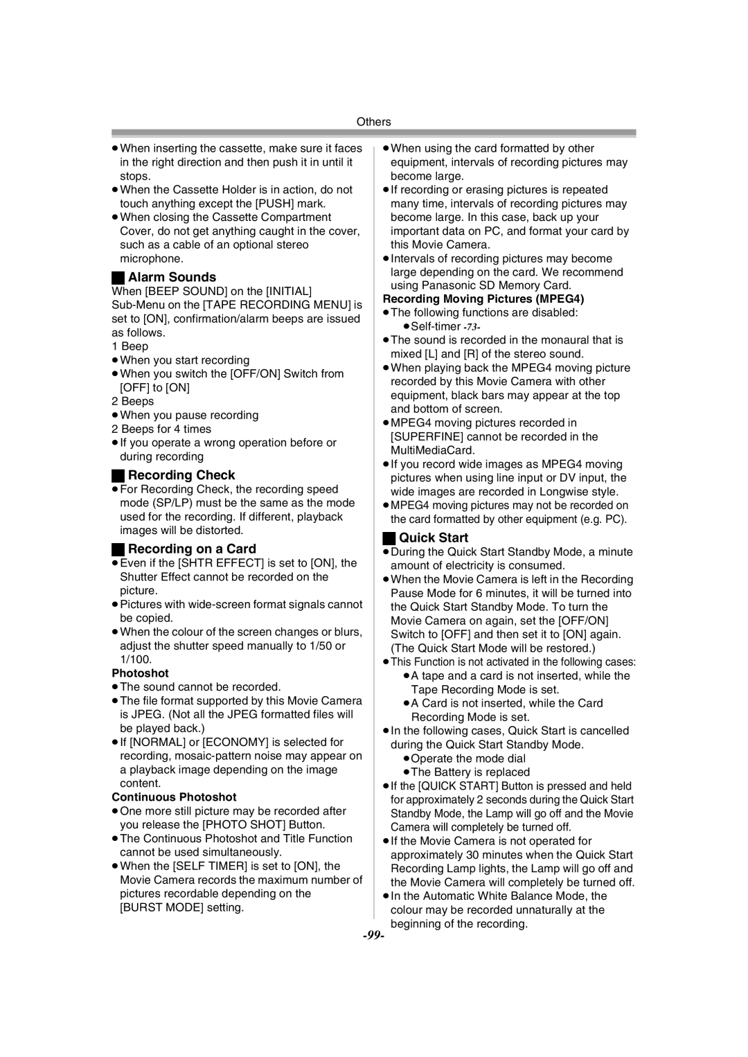 Panasonic NV-GS55GC operating instructions Alarm Sounds, Recording Check, Recording on a Card, Quick Start 