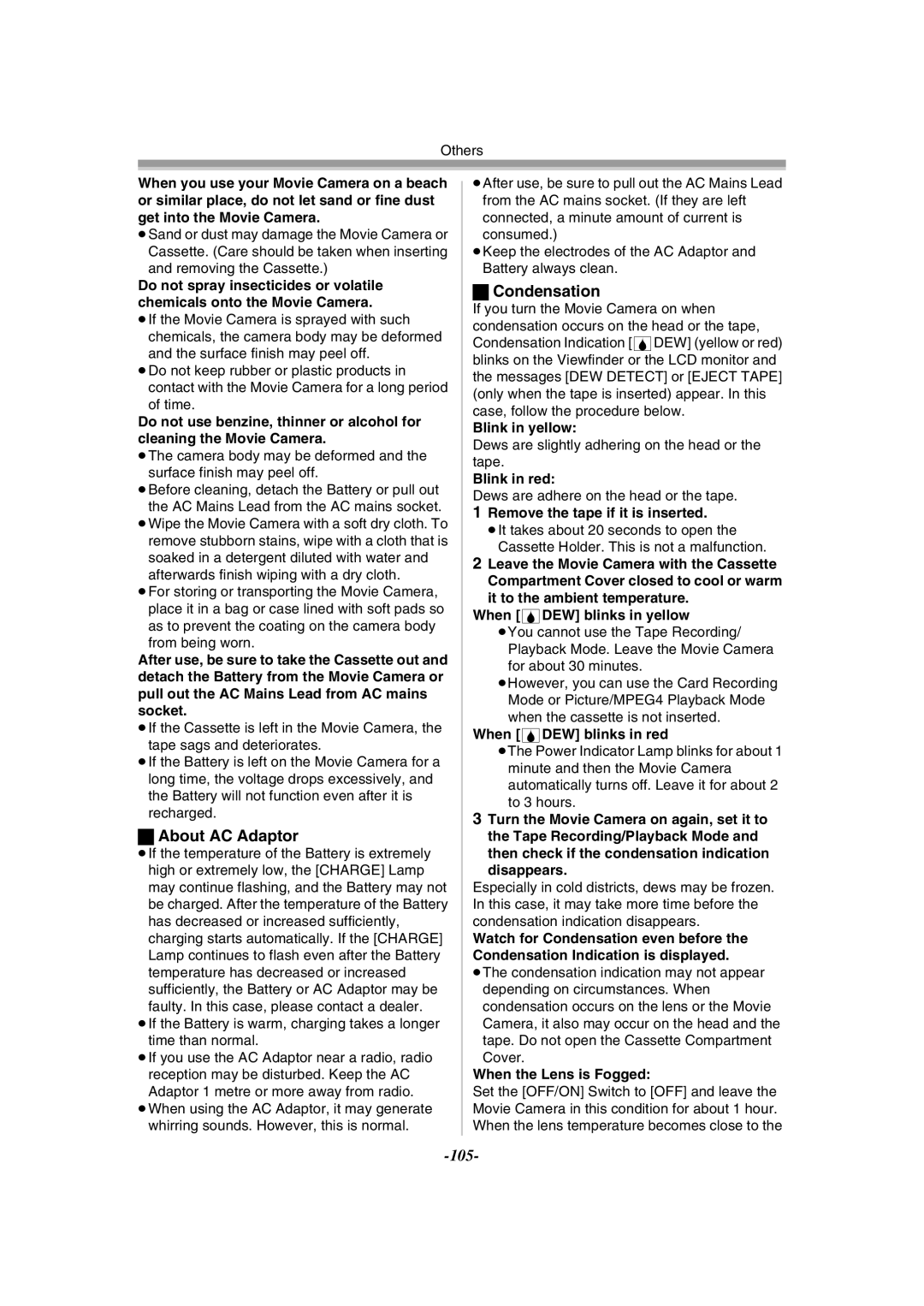 Panasonic NV-GS55GC operating instructions About AC Adaptor, Condensation 