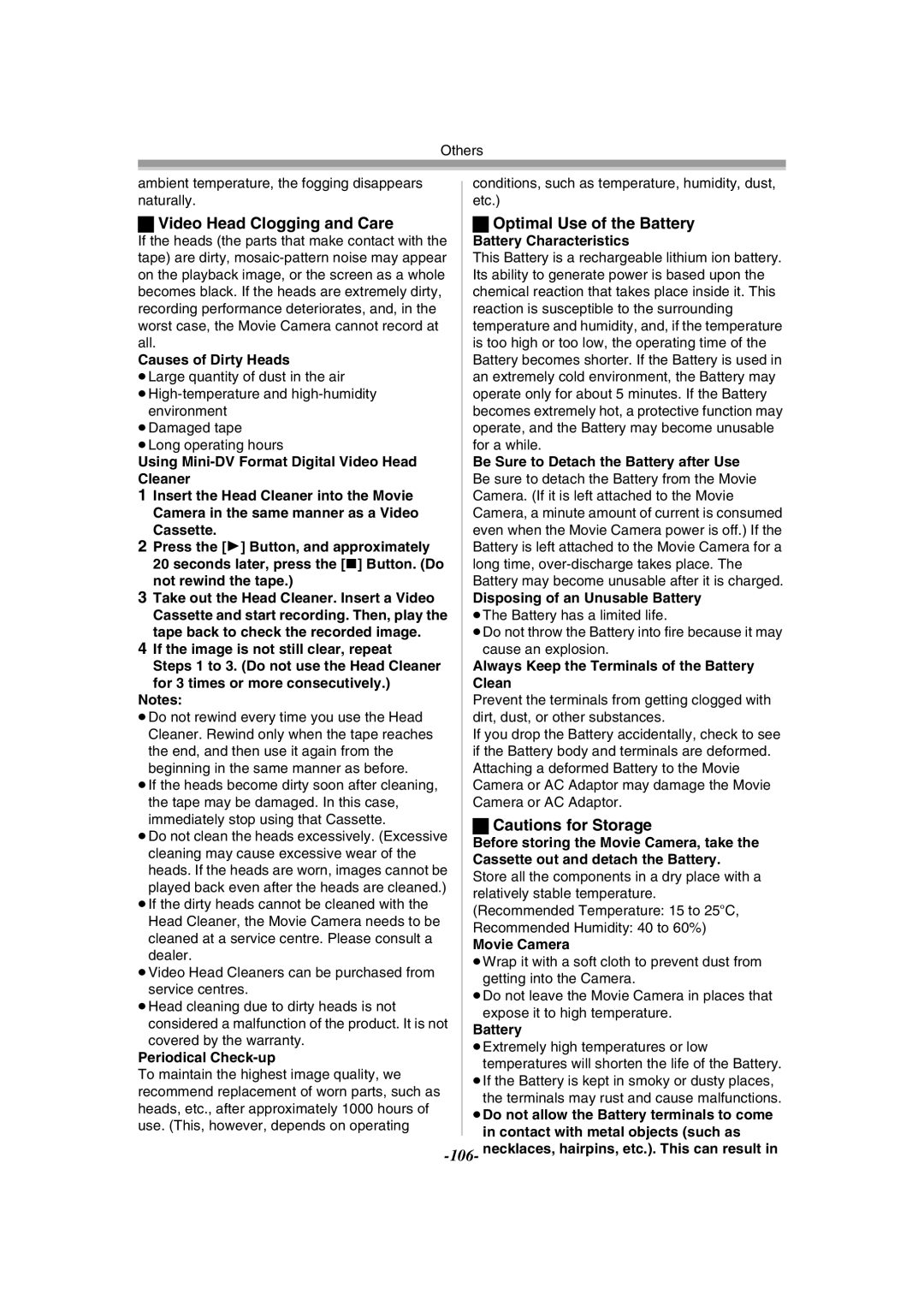 Panasonic NV-GS55GC operating instructions Video Head Clogging and Care Optimal Use of the Battery 