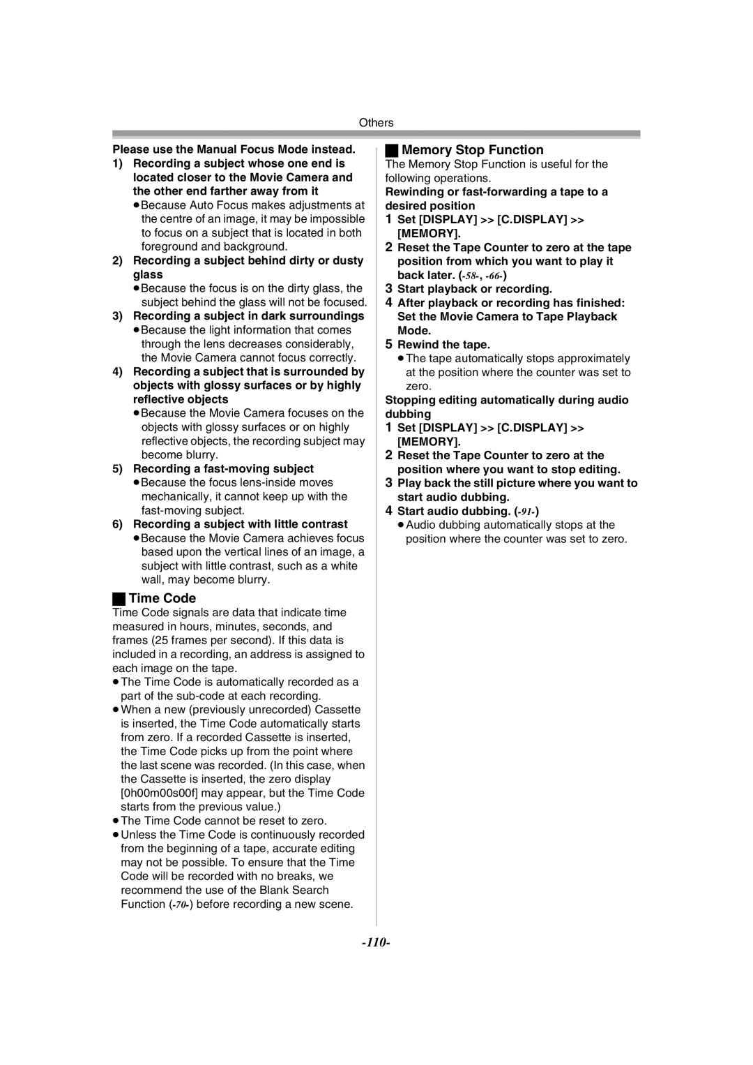 Panasonic NV-GS55GC operating instructions Time Code, Memory Stop Function 