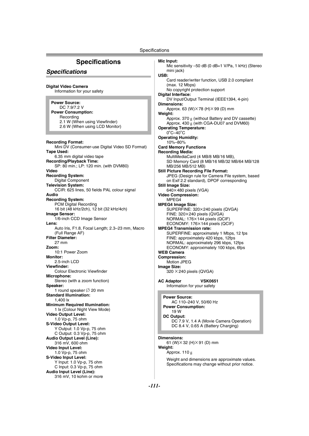 Panasonic NV-GS55GC operating instructions Specifications 