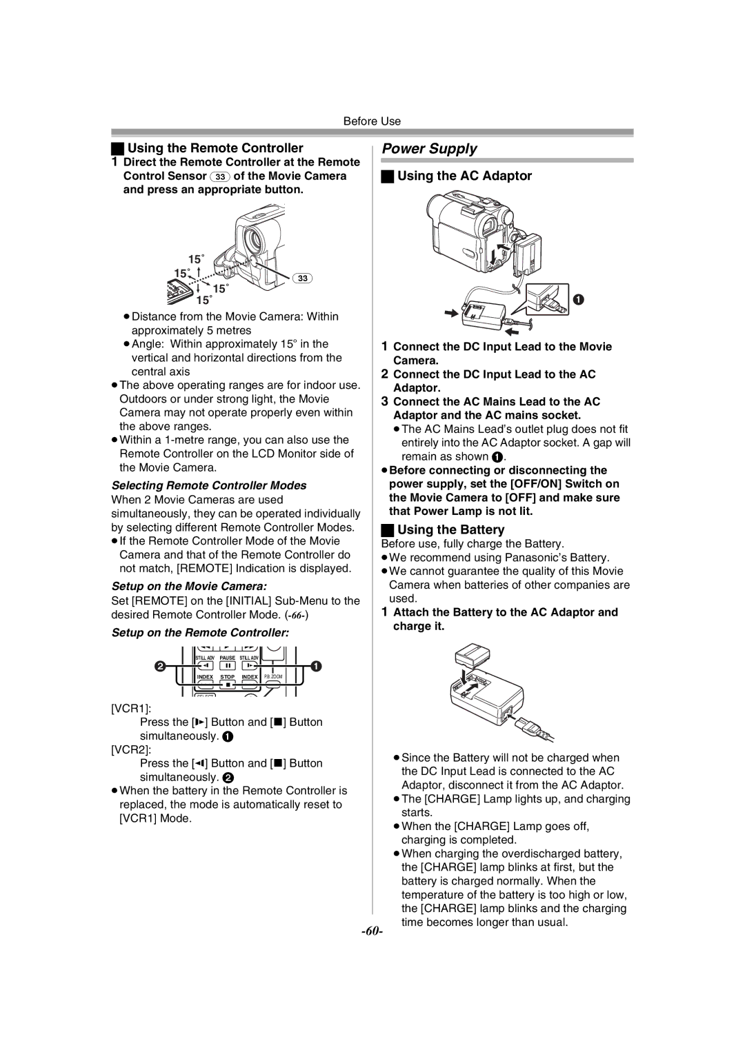 Panasonic NV-GS55GC Power Supply, Using the Remote Controller, Using the AC Adaptor, Using the Battery 