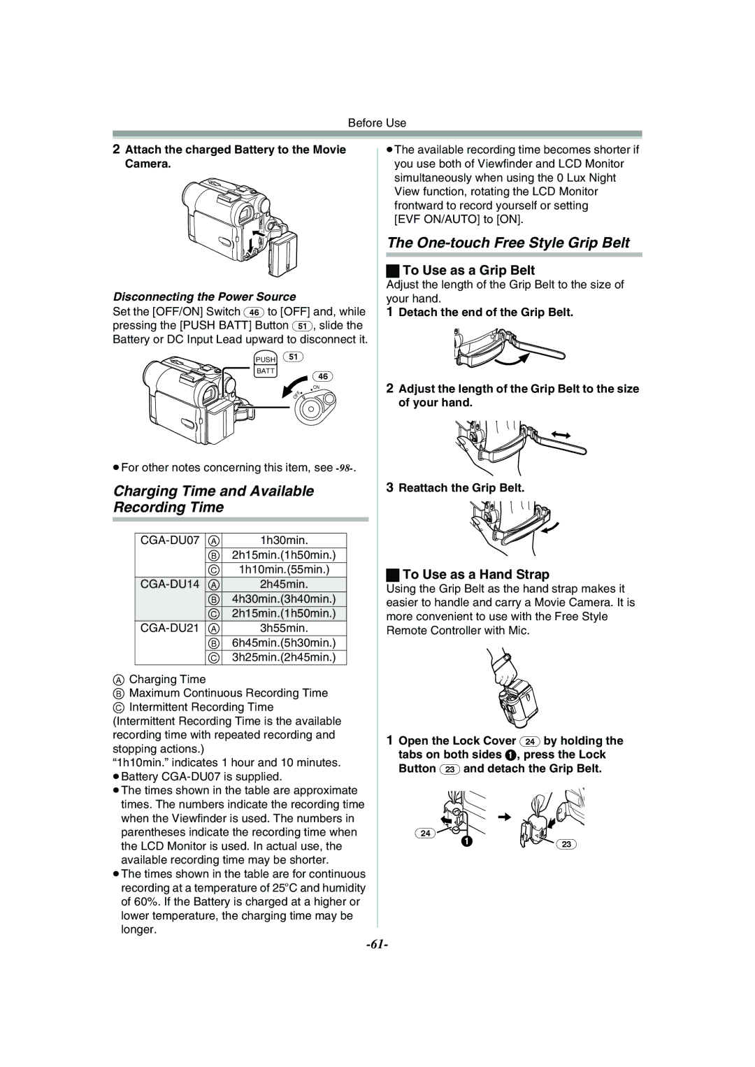Panasonic NV-GS55GC Charging Time and Available Recording Time, One-touch Free Style Grip Belt, To Use as a Grip Belt 