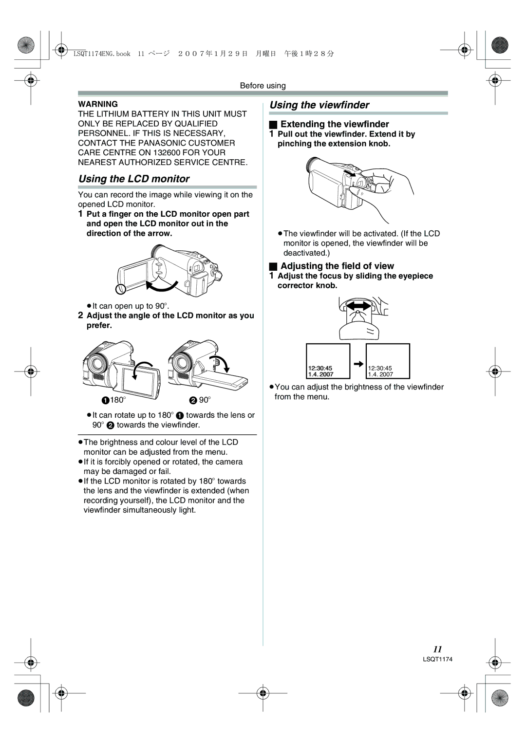 Panasonic NV-GS60GN Using the LCD monitor, Using the viewfinder, Extending the viewfinder, Adjusting the field of view 