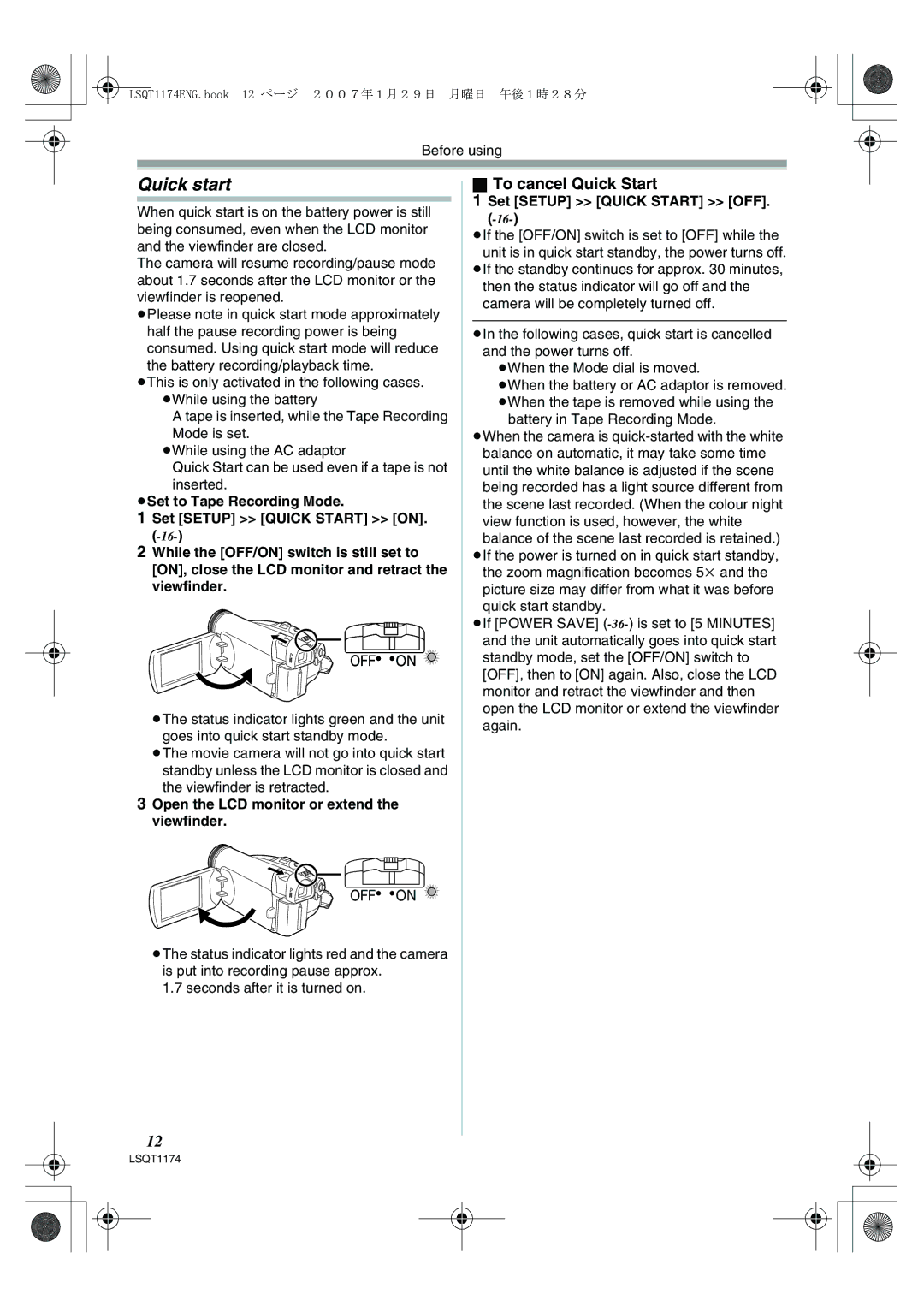 Panasonic NV-GS60GN operating instructions Quick start, To cancel Quick Start, ≥Set to Tape Recording Mode 