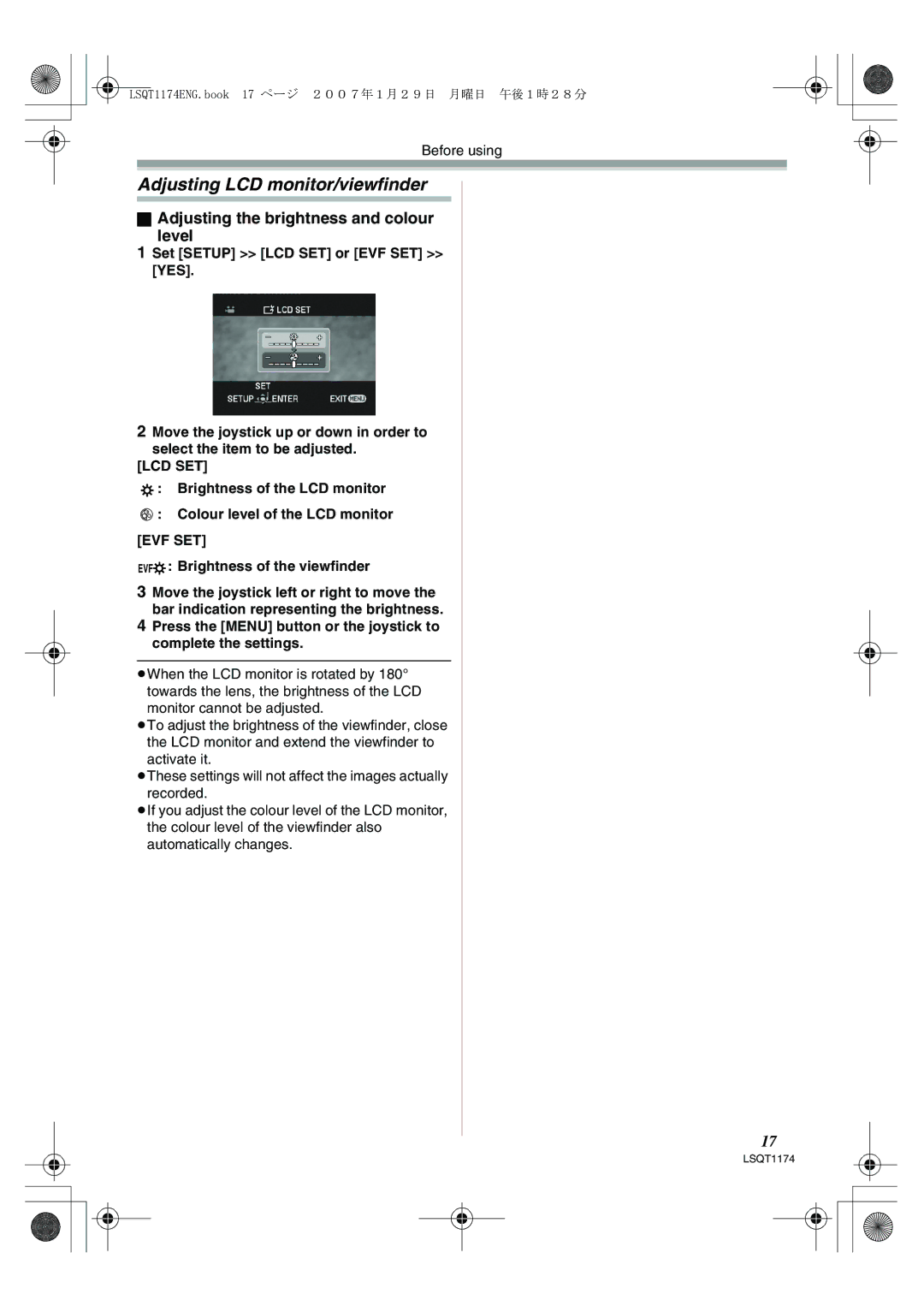 Panasonic NV-GS60GN operating instructions Adjusting LCD monitor/viewfinder, Adjusting the brightness and colour Level 