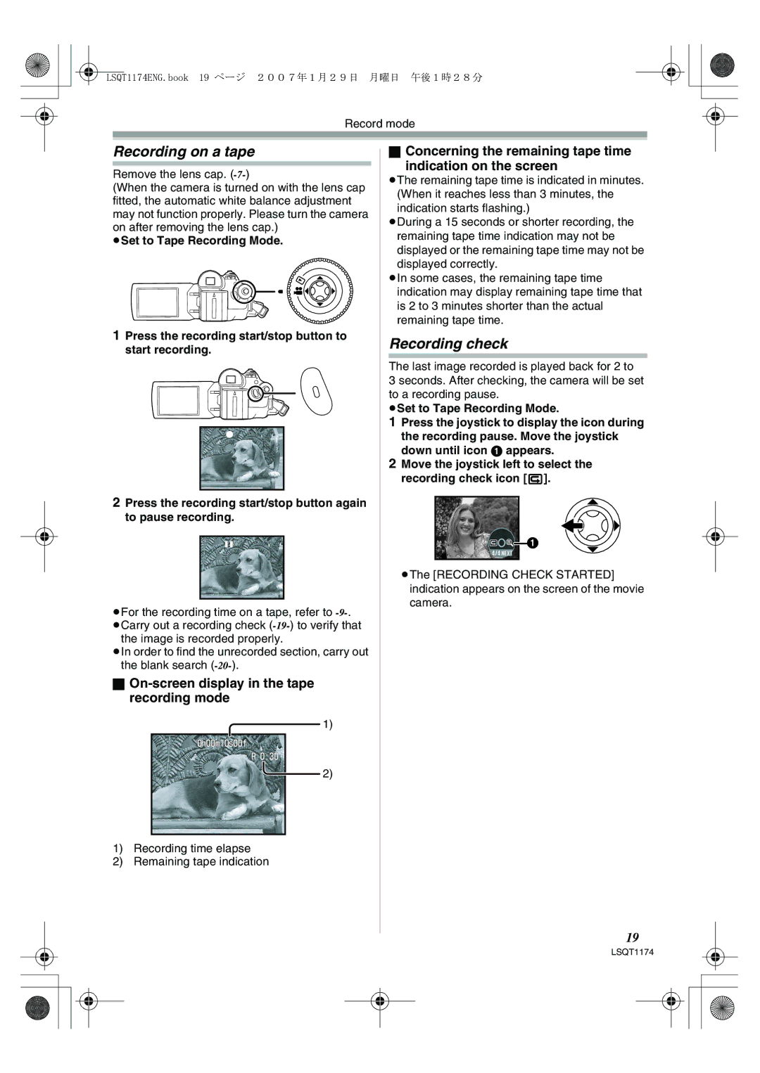 Panasonic NV-GS60GN Recording on a tape, Recording check, On-screen display in the tape recording mode 