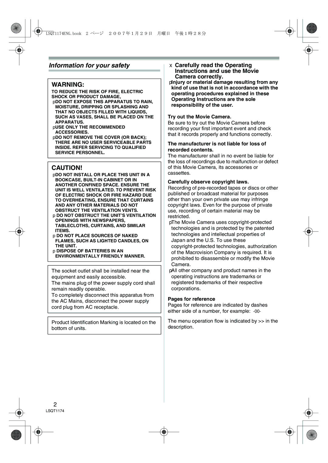 Panasonic NV-GS60GN Information for your safety, Manufacturer is not liable for loss of recorded contents 