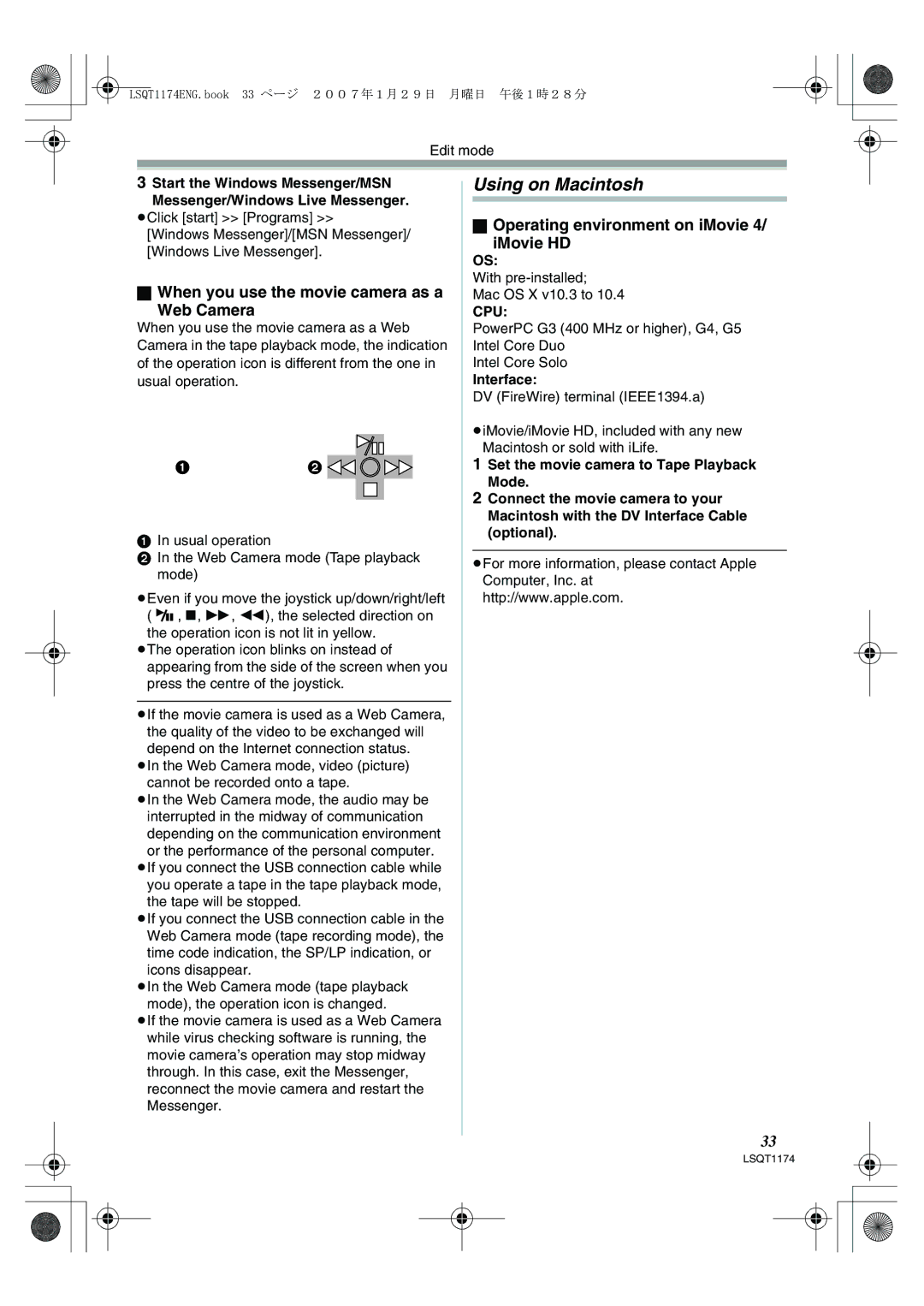 Panasonic NV-GS60GN operating instructions Using on Macintosh, When you use the movie camera as a Web Camera, Interface 